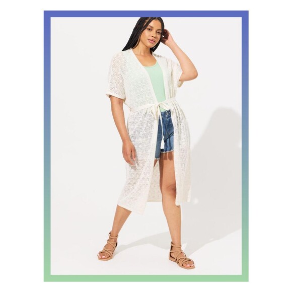 torrid Sweaters - NWT Torrid 3X 4X White Crochet Duster Short Sleeve Tie Waist Sweater Size 22-26